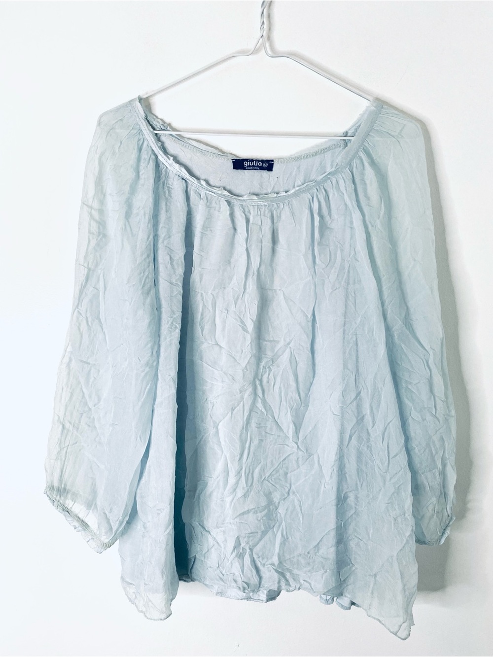 100% Silk Light Blue Crinkle Flowy Boho Blouse Made in Italy Giulia